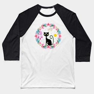 Dream Catcher Moon Stars Sun Black Wiccan Cat Baseball T-Shirt